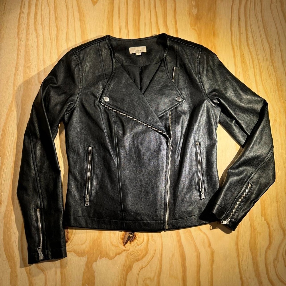 LOFT Womens Black Faux Leather Asymmetrical Moto Biker Jacket Size 2